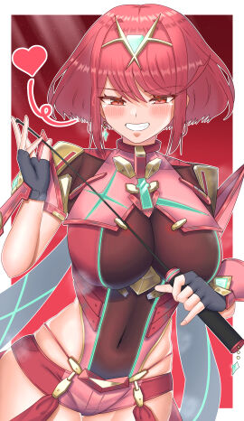 absurdres blush bob_cut border breasts chest_jewel commentary core_crystal cowboy_shot earrings female heart highres holding holding_whip jewelry large_breasts leotard meipasuye parted_lips purple_background pyra red_eyes red_hair red_leotard red_shorts short_hair short_shorts shorts smirk solo tiara white_border xenoblade_(series) xenoblade_chronicles_2
