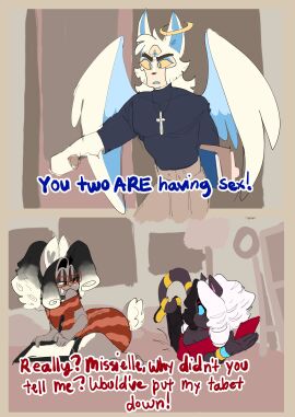 2022 3boys andrew_(hellhoundzzzzz) angel angel_wings anthro ass bare_thighs barefoot bedroom bedroom_setting blue_eyes blush canine clothed collar cross crossdressing dedoggyskullz dress_shirt eyebrows feline femboy freckles furry gay girly glasses halo heart_symbol hellhoundzzzzz huge_ass huge_hips huge_thighs laying_on_bed long_hair male male/male meme missielle_(wkkeezy) moochi_(deaddoggyskullz) phone reference shirt size_difference tablet tail voluptuous_male wkkeezy_(artist)