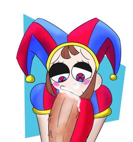 axeltakitos blowjob blush brown_hair cheeks dick female glitch_productions huge_cock jester_girl jester_hat jester_outfit looking_down male multicolored_eyes penis pomni_(the_amazing_digital_circus) saliva standing the_amazing_digital_circus white_background white_body