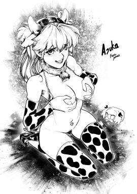 1girls asuka_langley_sohryu bangs big_breasts bikini bikini_aside black_and_white blush bottomless breasts breasts_out chamucasdelamor69 collar cow_girl cow_print cow_print_bikini cow_print_thighhighs cowbell elbow_gloves feliz_jueves female fondling from_above headband heels ink kneeling lingerie long_hair looking_at_viewer monochrome navel_piercing neon_genesis_evangelion open_mouth piercing pubic_hair solo swimsuit thighhighs