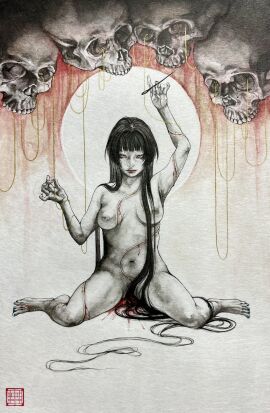 arm_up black_hair bleeding breasts commentary_request completely_nude cuts expressionless female hair_censor highres holding holding_needle injury long_hair looking_at_viewer medium_breasts meimaro needle nipples nude original painting_(medium) red_lips sewing_needle sitting skull solo thread traditional_media very_long_hair