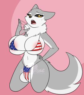 american_flag_bikini anthro balls big_balls big_breasts bikini black_sclera breasts cleavage clothed clothing dativyrose flaccid furry furry_only futanari huge_breasts intersex mostly_nude penis solo standing tagme thick_thighs wide_hips