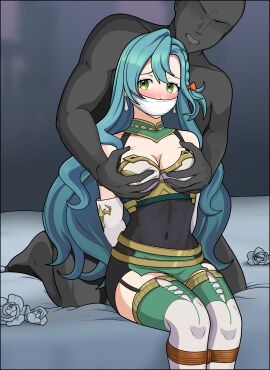 1boy 1girls aqua_hair arms_behind_back bare_thighs bed blue_hair blush bodystocking bondage boots bound bound_arms bound_legs braid breast_grab breasts captured chloe_(fire_emblem) cleavage cloth_gag collarbone covered_navel deep_skin double_breast_grab elbow_gloves embarrassed female female_focus femsub fire_emblem fire_emblem_engage flower frown gag garter_straps gloves green_eyes groping improvised_gag just_some_guy long_hair male maledom medium_breasts molestation nintendo on_bed pelvic_curtain restrained rope rose sitting solo_focus thigh_boots thighs very_long_hair