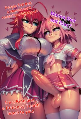 1boy 1girls ai_generated astolfo_(fate) balls bare_legs bare_thighs big_breasts big_penis blush clothed clothing color english_text fate/grand_order fate_(series) female femboy femboy_on_female gigiti hi_res high_school_dxd huge_cock imminent_sex large_breasts light-skinned_female light_skin long_hair male male/female massive_penis pink_hair red_hair rias_gremory text thick_thighs