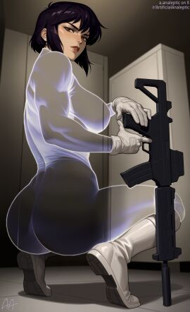 1girls ass camouflage female ghost_in_the_shell kusanagi_motoko looking_at_viewer solo squatting