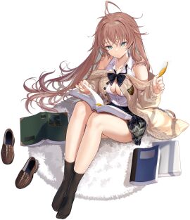 ahoge azur_lane bare_shoulders black_bow black_bowtie black_skirt black_socks blue_eyes book bow bowtie breasts brown_cardigan brown_footwear brown_hair cardigan cg cleavage closed_mouth collared_shirt female full_body hair_between_eyes holding impero_(azur_lane) impero_(languid_librarian)_(azur_lane) large_breasts legs loafers long_hair long_sleeves looking_at_viewer medium_breasts miniskirt no_shoes off_shoulder official_art open_book open_cardigan open_clothes partially_unbuttoned plaid plaid_skirt pleated_skirt school_uniform shirt shoes sitting skirt sleeveless sleeveless_shirt socks solo unworn_shoes very_long_hair white_shirt