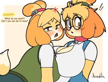 angry animal_crossing anthro big_breasts blush breasts canid canine canis cleavage derpybelle domestic_dog female furry glasses huge_breasts isabelle_(animal_crossing) jhenightfox looking_at_viewer thick_thighs wide_hips yuri