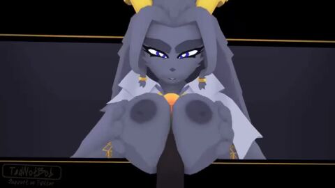 2025 2_horns 3d_(artwork) 3d_animation accessory anthro anthro_penetrated antlers boobjob border breast_play clothing duo eyebrows female_focus floppy_ears grey_body grey_fur hair_accessory hair_ring long_ears loop male male/female nipples offscreen_character outside_border penetration pseudoregalia seemless_loop sex short_playtime sybil_(pseudoregalia) tagme tednotbob text titjob video