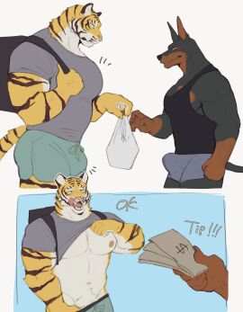 absurd_res anthro athletic_wear backpack big_muscles big_pecs black_body black_fur blush blush_lines body_hair bottomwear bottomwear_pull brown_body brown_fur bulge canid canine canis claws clothed clothing clothing_lift clothing_pull delivery_(commerce) delivery_employee detailed_bulge dobermann domestic_dog duo erection erection_under_clothing felid finger_claws fur gay gay_male gym_bottomwear gym_shorts happy_trail hi_res k0bit0wani kemono male male/male mammal multicolored_body multicolored_fur muscles muscular muscular_anthro muscular_male orange_body orange_fur pantherine pecs pink_nose pinscher pubes shirt shirt_lift shorts shorts_pull simple_background staring_at_chest striped_body striped_fur stripes t-shirt tank_top tiger tipping topwear two-tone_body two-tone_fur yaoi