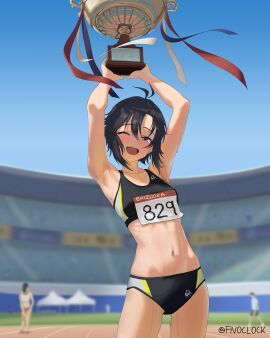 absurdres antenna_hair armpits arms_up bare_arms bare_shoulders black_buruma black_eyes black_hair black_sports_bra blue_sky blurry blurry_background blush breasts buruma collarbone commentary_request cowboy_shot day female fivoclock gluteal_fold hair_between_eyes highres holding holding_trophy idolmaster idolmaster_(classic) kikuchi_makoto looking_at_viewer midriff navel open_mouth outdoors short_hair sky smile solo_focus sports_bra stadium standing stomach sweat teeth track_and_field track_uniform trophy twitter_username upper_teeth_only very_sweaty wings
