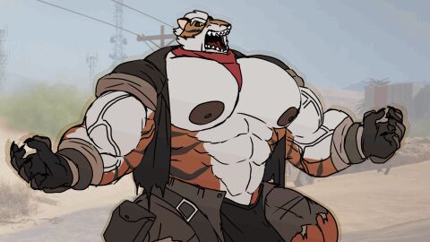 16:9 abs animated anthro big_bulge big_muscles big_pecs black_body black_claws black_fur black_nipples bulge claws clothing combat_cat_studio felid fur growth hi_res huge_bulge huge_muscles huge_pecs huge_thighs hyper hyper_muscles male male_only mammal multicolored_body multicolored_fur muscle_growth muscles muscular muscular_anthro muscular_arms muscular_male muscular_thighs nipples norman_(wild_assault) orange_body orange_fur pantherine parttimeyeen_(artist) pecs short_playtime solo thick_thighs throbbing tiger torn_clothing vein veiny_muscles white_body white_fur widescreen wild_assault