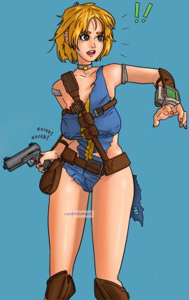 !! 1girls 2024 2d 2d_(artwork) artist_name blonde_hair blue_background brown_eyes collar cwosshaiws fallout female female_only gun human human_only leather_armor light-skinned_female light_skin looking_away not_porn oc pip-boy pistol questionable short_hair solo solo_female surprised torn_clothes vault_suit weapon