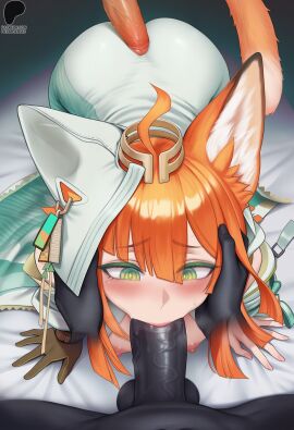 1boy 1boy1girl 1girls ai_generated all_fours arknights bent_over big_penis blowjob blowjob_face breasts breasts_out cat_ears cat_tail catgirl dark-skinned_male dress earings eyebrows eyebrows_raised eyebrows_visible_through_hair eyes_half_open face_fucking female gloves green_eyes hair_ornament highres holding_head hood interracial light-skinned_female light_skin lips long_tail looking_at_penis male/female medium_hair nipples on_bed one_glove oral oral_penetration oral_sex orange_hair orange_hair_female papyrus_(arknights) penis perky_nipples petite primosensei small_breasts tail tight_clothing tight_dress veiny_penis