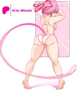 1girls artemitzuki_(artist) ass barefoot bra cat_ears cat_tail doki_doki_literature_club feet female female_only female_solo natsuki_(doki_doki_literature_club) no_socks panties socks_removed solo solo_female solo_only underwear zeddarts