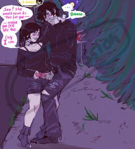 1boy 1girls 2d alternate_version_available andrew_graves ashley_graves black_hair blush brother_and_sister choker clothed cuckolding cuckquean dialogue english_text female green_eyes handjob height_difference incest julia_(the_coffin_of_andy_and_leyley) male mismispink netorare night ntr outdoors penis penis_out pink_eyes ponytail pubic_hair siblings talking_on_phone tease teasing telephone the_coffin_of_andy_and_leyley