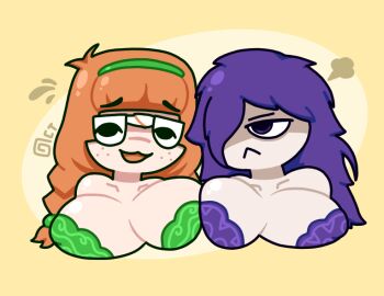 2girls :3 :3d :< angry bra braided_hair breasts cleavage embarrassed female freckles ginger glasses headband huge_breasts lingerie long_hair messy_hair neet nerd nipple_bulge octotron2000 orange_hair purple_hair symmetrical_docking underwear