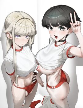 1futa 1girls ass black_hair blonde_hair female futanari light-skinned_female light_skin nipple_piercing shorts simple_background tagua v_sign