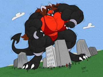 abs biceps breasts brown_hair cooner female giantess hair horns houndoom hyper long_hair muscles muscular muscular_arms muscular_female muscular_legs muscular_thighs pecs pokemon