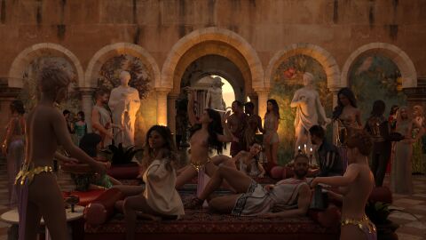 3d belly_dancer belly_dancer_outfit black_hair blonde_hair braid brown_hair dark-skinned_female dark-skinned_male dark_skin female harem harem_girl imminent_orgy imminent_sex loincloth long_hair male medium_hair multiple_boys multiple_females multiple_girls multiple_males original original_characters reignof-darkness servant serving_tray short_hair slave slave_girl