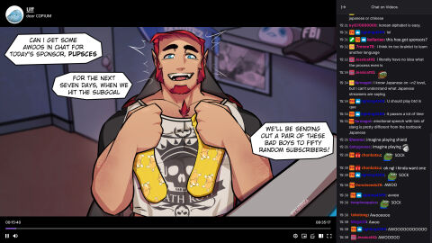 bara chest_hair facial_hair livestream male male_only muscles muscular shirt sitting smiling socks solo solo_male speech_bubble streaming ulf_vasquez vvulfbara yaoi