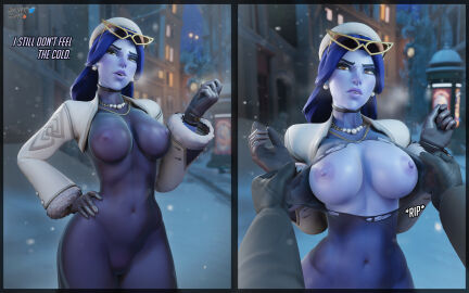 1girls 3d breasts female hasfeldt looking_at_viewer nipples_visible_through_clothing overwatch overwatch_2 see-through tight widowmaker winter winter_chic_widowmaker