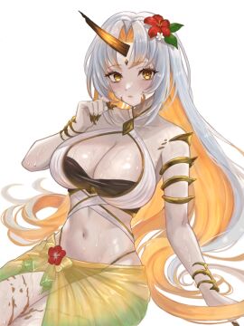 1_horn 1girls alternate_costume bikini black_bikini black_swimsuit blush breasts cleavage colored_skin female female_only fire_emblem fire_emblem_heroes grey_skin gullveig_(fire_emblem) highres horns large_breasts long_hair looking_at_viewer multicolored_hair navel nintendo sarong see-through sitting solo swimsuit two-tone_hair white_bikini white_hair white_swimsuit yellow_eyes yellow_sarong zqzbq