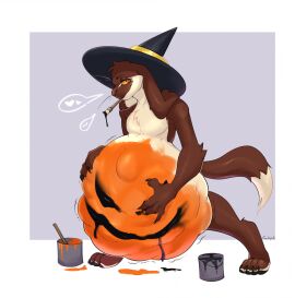 anthro belly ear food fruit halloween hi_res holidays hyper hyper_belly lagomorph leporid male mammal paints paws plant pumpkin rabbit solo soolopik vore