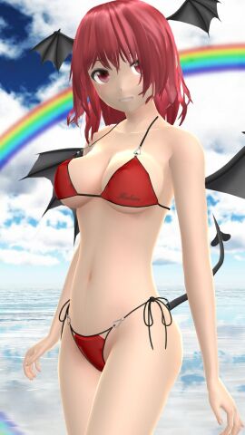 1girls 2023 3d beach bikini breasts cleavage clouds demon devil devil_tail embodiment_of_scarlet_devil female hati_yukkuri_mmd koakuma looking_at_viewer mmd outdoors rainbow red-haired_female red_bikini red_eyes short-haired_female sideboob sky smiling solo_female solo_focus succubus swimsuit touhou water wings wings_on_head