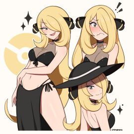 ! !! 1girls absurdres artist_name back backless_outfit bare_arms bare_legs bare_midriff bare_shoulders bare_thighs belly belly_button bikini bikini_bottom bikini_top black_bikini black_hat black_sarong blonde-haired_female blonde_female blonde_hair blush bra breasts cleavage closed_mouth commentary confident creatures_(company) cremanata crop_top cropped_legs curled_hair cynthia_(pokemon) embarrassed english_commentary female female_focus female_only game_freak grey_eyes hair_ornament hair_over_one_eye halterneck hat highleg highleg_bikini highres large_breasts light-skinned_female light_skin long_hair looking_at_viewer medium_breasts multiple_views navel nintendo one_eye_covered open_mouth pale-skinned_female pale_skin panties pokemon pokemon_champion pokemon_dppt pokemon_trainer sarong see-through see-through_cleavage see-through_clothes see-through_clothing sfw small_breasts smile softcore solo solo_female solo_focus sparkle split_mouth standing string_bikini sun_hat swimsuit swimwear teeth tongue upper_teeth v-shaped_eyebrows very_long_hair wavy_mouth white_background