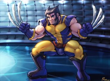 armpit_hair bara beard bulge claws clothing flaccid logan_(x-men) male male_only marvel marvel_comics muscular muscular_male penis rho_art solo solo_male tight_clothing wolverine_(x-men) x-men yaoi