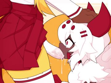 4:3 accessory anthro arachnid ariel_(km-15) arm_warmers armwear arthropod asian_clothing blonde_hair blush bodily_fluids bottomwear bow_accessory bow_ribbon canid canine claws clothed clothed_anthro clothed_sex clothing collar cum cum_in_mouth cum_inside cum_on_penis cum_on_tongue duo east_asian_clothing erection erection_under_skirt fellatio female female_penetrated fluffy fluffy_tail fox fti_crossgender fur futa/female futa_penetrating futanari genderswap genderswap_(fti) genital_fluids genitals hair hair_accessory hair_ribbon hairbow head_grab hi_res horn humanoid_genitalia humanoid_penis intersex intersex/female intersex_penetrating japanese_clothing km-15 legwear long_tail lumen_(km-15) mammal miko_outfit oral oral_penetration orgasm penetration penile penile_penetration penis penis_under_skirt red_bottomwear red_bow red_claws red_clothing red_eyes red_hair_accessory red_horn red_ribbon red_skirt ribbons rule_63 saliva saliva_on_penis sex simple_background size_difference skirt spider stockings tail tears tongue tongue_out white_arm_warmers white_armwear white_body white_clothing white_fur white_hair white_legwear white_stockings wide_eyed yellow_body yellow_fur