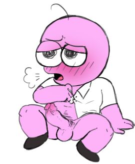 1boy 2d ambiguous_species aroused blushing bottomless bottomless_male button_down_shirt chubby cock digital_media erection flat_colors flustered full_body furrowed_brow furrowed_eyebrows half-closed_eyes legs_apart legs_spread magpiered male male_only middle_aged open_mouth penis pim_(smiling_friends) pink_body pink_skin shoes simple_background sitting slightly_chubby slightly_chubby_male smiling_friends solo spread_legs toony visible_breath white_background white_shirt