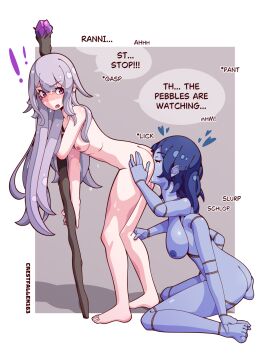 !! 2girls 4_arms alternate_version_available artist_name ass bent_over blue_hair blue_skin breasts closed_eyes completely_nude crestfallen163 cunnilingus doll_joints elden_ring english_text female fromsoftware hand_on_ass hand_on_butt heart hololive hololive_english hololive_english_-advent- koseki_bijou large_breasts multi_arm multi_limb nude open_mouth oral oral_sex pale_skin pink_eyes ranni_the_witch small_breasts speech_bubble staff standing sweat sweatdrop tarnished virtual_youtuber yuri