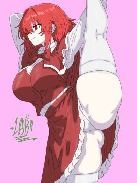 1girls 2d artist_signature ass big_ass big_breasts bowtie breasts cape clothed drawlab33t exposed_panties female flexible flexible_female frilled_skirt leg_grab leg_up long_hair looking_pleasured looking_to_the_side okazaki_yumemi panties pink_background red_cape red_eyes red_hair red_skirt red_vest shirt skirt smile solid_color_background solo source splits stretching thick_thighs thighhighs thighs touhou touhou_(pc-98) vertical_splits vest voluptuous white_panties white_shirt white_thighhighs yumemi_okazaki