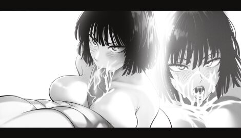 1boy 1girls :>= abs after_fellatio blush breast_press breasts completely_nude cum cum_in_mouth cum_on_body cum_on_breasts cum_on_tongue erection facial fellatio female fubuki_(one-punch_man) large_breasts large_penis looking_at_viewer looking_up male mostlybluewyatt multiple_views muscular nude one-punch_man open_mouth oral paizuri penis semen short_hair simple_background solo_focus straight sweat veins veiny_penis white_background