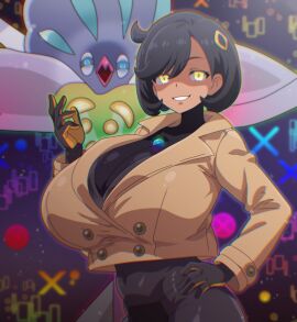 2025 big_breasts black_bodysuit bodysuit emma_(pokemon) emma_(z-a) hitokiwa_kenchin huge_breasts looking_at_viewer malamar mega_malamar mega_stone pokemon pokemon_legends:_z-a tagme wide_hips yellow_eyes