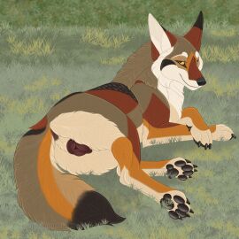 2025 animal_genitalia animal_vulva anus brown_body brown_fur canid canine canine_genitalia canine_vulva canis coyote female feral fluffy fluffy_tail fur genitals hedonophobia_h hi_res lying mammal on_side solo tail yops_(psychedelicyops)