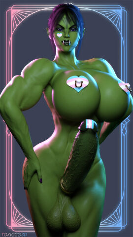 1futa 3d alternate_version_available athletic athletic_futa balls big_breasts black_hair breast_implants breasts busty cock_ring dickgirl facial_tattoo fake_breasts futa_only futanari green_skin hourglass_figure intersex muscles muscular orc orc_futa ox'sana_stormbreaker penis pinup pride_colors purple_eyes solo solo_futa testicles toxiccg3d trans_woman transfem transgender_pride_colors veiny_penis