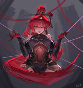 1boy absurdres bare_shoulders black_bodysuit black_dress black_hairband blush bodysuit breasts clothing_cutout dress female fish_kite hair_between_eyes hair_intakes hair_ornament hair_stick hairband hand_up highres large_breasts long_hair male mole mole_under_each_eye mole_under_eye multiple_moles paizuri penis pointy_ears ponytail purple_eyes red_hair tassel tassel_hair_ornament tongue tongue_out underboob_cutout upper_body wuthering_waves yinlin_(wuthering_waves)