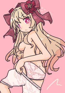 ass blonde_hair bloomers breasts chaos_marie_(grimms_notes) dideboob female grimms_notes hair_ribbon long_hair panties solo topless