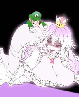 1boy 1girls amogan ass big_ass big_breasts boosette breasts cleavage clothing crown facial_hair fat_ass female ghost ghost_girl giant giantess gigantic_breasts gloves green_hat green_shirt huge_breasts human humanoid long_hair luigi luigi's_mansion male male/female mario_(series) massive_ass massive_breasts moustache nintendo open_mouth size_difference smaller_male straight thick_ass thick_thighs voluptuous voluptuous_female white_hair white_outfit wide_hips