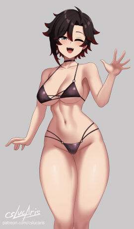 1girls bikini breasts cslucaris female female_focus female_only large_breasts light-skinned_female light_skin looking_at_viewer one_eye_closed ruby_rose rwby solo swimsuit thick_thighs thighs wide_hips