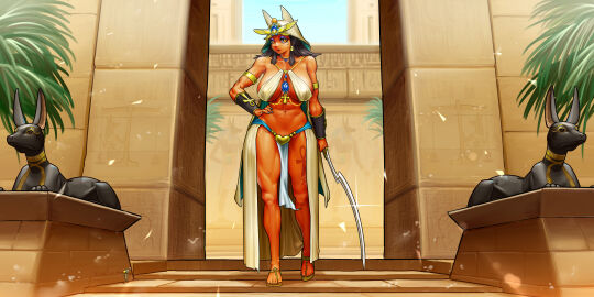 abs alliend13 amber_eyes ankh ankh_tattoo athletic athletic_female black_hair bocas_top bracelet breasts egyptian female fit fit_female headwear holding_weapon huge_breasts loincloth long_hair looking_at_viewer makeup original original_character sword voluptuous