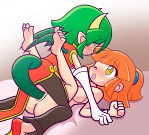 2girls accurate_art_style arle_nadja barefoot blush blushing breasts clothed_sex draco_centauros dragon_girl feet female furii_(artist) green_hair horns missionary_position nude orange_hair pussy puyo_puyo sega tail tail_in_pussy tail_insertion tail_play tailplay yellow_eyes yuri