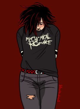 1boy black_and_red_hair blush clothed embarrassed emo_boy emo_fashion emo_hair feferriswheel jeans jett_ash_blood_shadow male male_only male_peeing omorashi original peeing solo trans_man transmasc wetting wetting_self