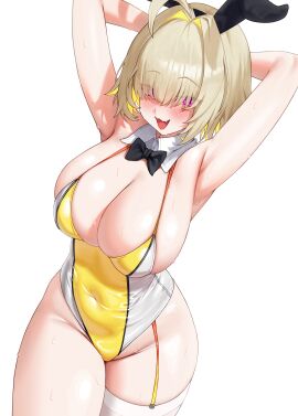 1girls ahoge animal_ears arms_behind_head arms_up blonde_hair blush bow bowtie breasts covered_navel curvy detached_collar elegg_(nikke) fake_animal_ears fangs female garter_straps goddess_of_victory:_nikke hair_over_eyes highleg highres large_breasts leotard looking_at_viewer medium_hair multicolored_hair multicolored_leotard nikku_nana playboy_bunny rabbit_ears red_eyes shiny_skin simple_background single_thighhigh smile solo thighhighs traditional_bowtie two-tone_hair two-tone_leotard white_background white_leotard white_thighhighs wide_hips yellow_leotard