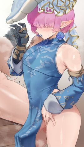 1boy afterimage blue_lips bulge cece_hat cece_link censored commentary covered_nipples covered_penis crossdressing detached_sleeves english_commentary erection erection_under_clothes femboy frostbite_link frostbite_shirt hair_over_eyes hand_on_own_thigh handjob_gesture hylian_ears jtveemo link male male_focus male_only mosaic_censoring mushroom_earrings mushroom_hat no_pants official_alternate_costume official_alternate_hairstyle otoko_no_ko paid_reward_available penis penis_peek pink_hair pointy_ears short_hair solo steaming_body tears_of_the_kingdom the_legend_of_zelda thighs