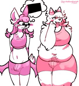 2024 anthro artist_name bat blushing bulge chubby dog dog_ears exercise_clothing furry happy_trail horns humanoid nier_(pinkshinyhorns) original original_character pinkshinyhorns skinny tagme tail thought_bubble trans_woman white_fur wings