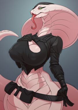 2025 agent_torque anthro apode big_breasts breasts chrysalisdraws cleavage clothed clothing digital_media_(artwork) draconcopode female fingers forked_tongue gloves green_eyes grey_background handwear hi_res legless naga nipple_outline nipples non-mammal_breasts non-mammal_nipples open_mouth pupils reptile scales scalie serpentine simple_background snake snake_hood solo tail tongue tongue_out viper_(x-com) white_body white_scales white_tail x-com x-com:_chimera_squad yellow_sclera