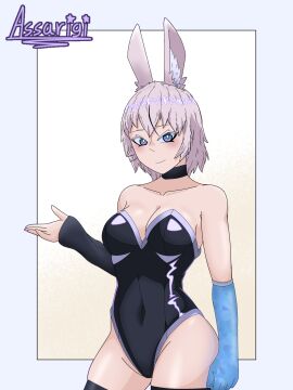 arm_warmers arms_behind_back armwear assarigi blue_eyes bunny_ears bunny_girl bunnysuit elyra_(assarigi) female latex mechanical_arm oc original original_character pointy_chin purple_eyes white_body white_hair white_skin